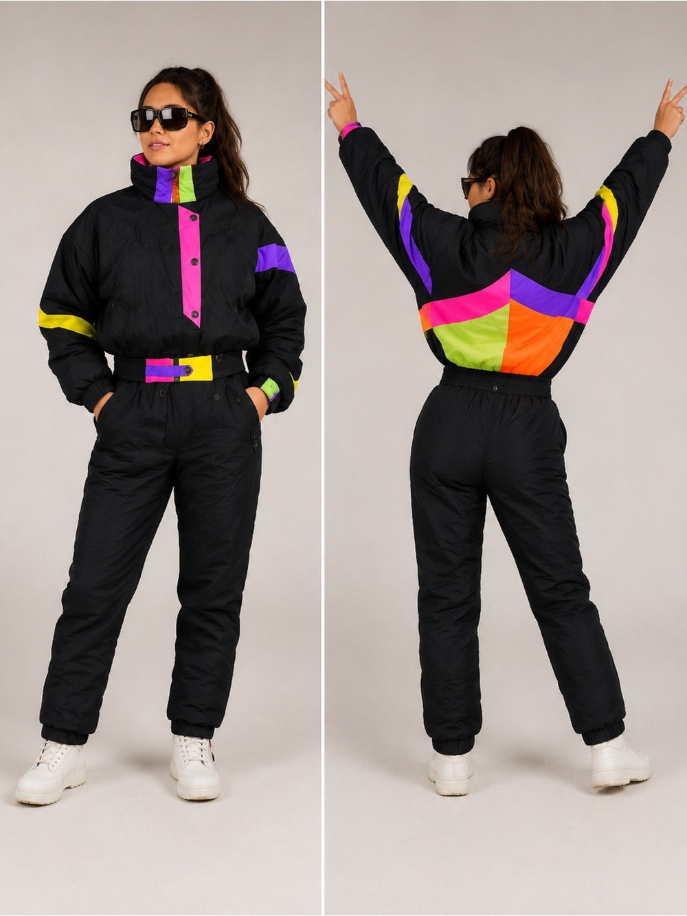 Pristine Vtg OBERMEYER Bib Pants Jacket Set Neon Colorful Size 8-10 Ski Snow
